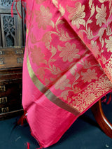 Punch Pink Soft Silk Floral dupatta in soft silk (non-pure) with floral jaal with muted gold zari — Kaash Collection