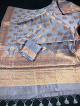 Slate Grey Banarasi saree in pure banarasi dupion with copper antique zari with meenakari borders — Kaash Collection