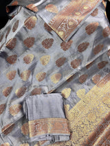 Slate Grey Banarasi saree in pure banarasi dupion with copper antique zari with meenakari borders — Kaash Collection