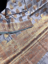 Pure Banarasi Dupion Silk Saree in Slate Grey Color with Copper Antique Zari Work | Handwoven Saree | Pure Silk Saree | SILK MARK CERTIFIED - Kaash