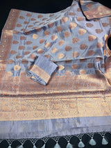 Pure Banarasi Dupion Silk Saree in Slate Grey Color with Copper Antique Zari Work | Handwoven Saree | Pure Silk Saree | SILK MARK CERTIFIED - Kaash