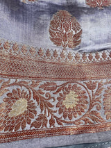 Pure Banarasi Dupion Silk Saree in Slate Grey Color with Copper Antique Zari Work | Handwoven Saree | Pure Silk Saree | SILK MARK CERTIFIED - Kaash