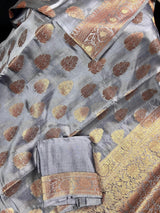 Pure Banarasi Dupion Silk Saree in Slate Grey Color with Copper Antique Zari Work | Handwoven Saree | Pure Silk Saree | SILK MARK CERTIFIED - Kaash