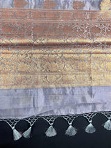 Pure Banarasi Dupion Silk Saree in Slate Grey Color with Copper Antique Zari Work | Handwoven Saree | Pure Silk Saree | SILK MARK CERTIFIED - Kaash