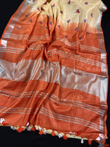 Pure Linen By linen Double Shade Saree in Beige and Orange Color with Floral Embroidery - Kaash