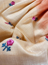 Pure Linen By linen Double Shade Saree in Beige and Orange Color with Floral Embroidery - Kaash