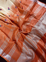 Pure Linen By linen Double Shade Saree in Beige and Orange Color with Floral Embroidery - Kaash