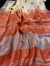 Pure Linen By linen Double Shade Saree in Beige and Orange Color with Floral Embroidery - Kaash