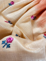 Pure Linen By linen Double Shade Saree in Beige and Orange Color with Floral Embroidery - Kaash