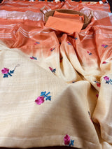 Pure Linen By linen Double Shade Saree in Beige and Orange Color with Floral Embroidery - Kaash