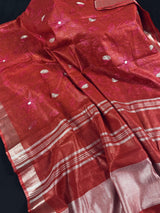 Red, Pink & White Pure Linen Embroidery saree in pure linen by linen with floral embroidery with zari borders — Kaash Collection