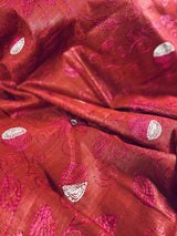 Red, Pink & White Pure Linen Embroidery saree in pure linen by linen with floral embroidery with zari borders — Kaash Collection