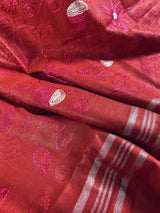 Pure Linen By linen Red and Pink Embroidery Saree with Zari Borders - Kaash