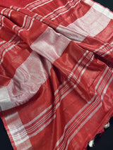 Pure Linen By linen Red and Pink Embroidery Saree with Zari Borders - Kaash