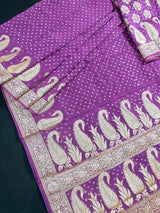 Purple Color Bandhej Saree - Banarasi Semi Dupion Silk with Work Muted Gold Zari - Handwoven Sarees - Banarasi Sarees - Kaash