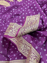 Purple Color Bandhej Saree - Banarasi Semi Dupion Silk with Work Muted Gold Zari - Handwoven Sarees - Banarasi Sarees - Kaash