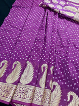 Purple Color Bandhej Saree - Banarasi Semi Dupion Silk with Work Muted Gold Zari - Handwoven Sarees - Banarasi Sarees - Kaash
