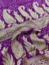 Purple Color Bandhej Saree - Banarasi Semi Dupion Silk with Work Muted Gold Zari - Handwoven Sarees - Banarasi Sarees - Kaash