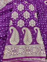 Purple Color Bandhej Saree - Banarasi Semi Dupion Silk with Work Muted Gold Zari - Handwoven Sarees - Banarasi Sarees - Kaash