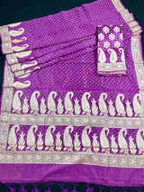 Purple Color Bandhej Saree - Banarasi Semi Dupion Silk with Work Muted Gold Zari - Handwoven Sarees - Banarasi Sarees - Kaash
