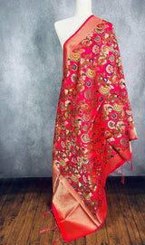Rani Pink Paithani Style Floral Semi Banarasi Silk Dupatta | Grand Borders | Floral Dupatta | Benarasi Dupatta | Gift For Her - Kaash