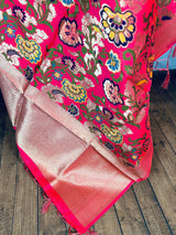 Rani Pink Paithani Style Floral Semi Banarasi Silk Dupatta | Grand Borders | Floral Dupatta | Benarasi Dupatta | Gift For Her - Kaash