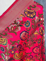 Rani Pink Paithani Style Floral Semi Banarasi Silk Dupatta | Grand Borders | Floral Dupatta | Benarasi Dupatta | Gift For Her - Kaash