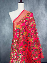 Rani Pink Paithani Style Floral Semi Banarasi Silk Dupatta | Grand Borders | Floral Dupatta | Benarasi Dupatta | Gift For Her - Kaash