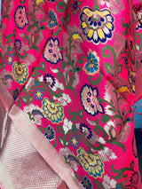 Rani Pink Paithani Style Floral Semi Banarasi Silk Dupatta | Grand Borders | Floral Dupatta | Benarasi Dupatta | Gift For Her - Kaash