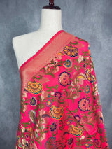 Rani Pink Paithani Style Floral Semi Banarasi Silk Dupatta | Grand Borders | Floral Dupatta | Benarasi Dupatta | Gift For Her - Kaash
