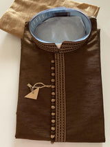 Raw Silk Dark Brown Men Kurta Pajama - Kaash