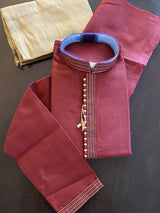 Dark Maroon men's kurta pajama in raw silk with fancy design on neckline with lace work — Kaash Collection
