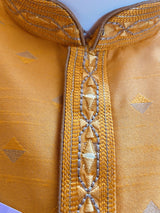Mango Yellow men's kurta pajama in raw silk with hand embroidery & mirror work on neckline — Kaash Collection