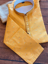 Mango Yellow men's kurta pajama in raw silk with hand embroidery & mirror work on neckline — Kaash Collection