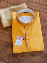 Mango Yellow men's kurta pajama in raw silk with hand embroidery & mirror work on neckline — Kaash Collection