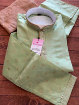 Pista Green men's kurta pajama in soft raw silk with hand embroidery & mirror work on neckline — Kaash Collection