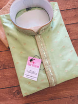 Pista Green men's kurta pajama in soft raw silk with hand embroidery & mirror work on neckline — Kaash Collection