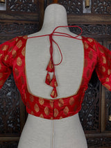 Readymade Red with Gold Buttis Pure Banarasi Silk Blouse - Kaash