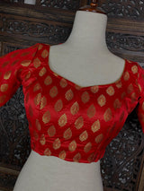Readymade Red with Gold Buttis Pure Banarasi Silk Blouse | Size 38 | Ready to Wear Blouses | Stitched Blouses | Kaash Collection - Kaash