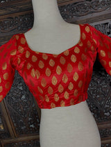 Readymade Red with Gold Buttis Pure Banarasi Silk Blouse | Size 38 | Ready to Wear Blouses | Stitched Blouses | Kaash Collection - Kaash