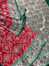 Red and Green Ikkat Design Banarasi Silk Weaved Saree with Paitani Style Borders with Meenakari - Kaash