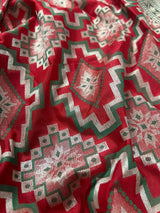 Red and Green Ikkat Design Banarasi Silk Weaved Saree with Paitani Style Borders with Meenakari - Kaash