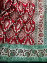 Red and Green Ikkat Design Banarasi Silk Weaved Saree with Paitani Style Borders with Meenakari - Kaash
