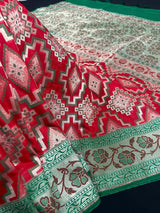 Red and Green Ikkat Design Banarasi Silk Weaved Saree with Paitani Style Borders with Meenakari - Kaash