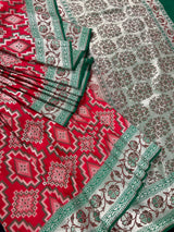 Red and Green Ikkat Design Banarasi Silk Weaved Saree with Paitani Style Borders with Meenakari | Banarasi Soft Handloom Silk Sarees - Kaash