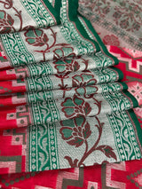 Red and Green Ikkat Design Banarasi Silk Weaved Saree with Paitani Style Borders with Meenakari | Banarasi Soft Handloom Silk Sarees - Kaash