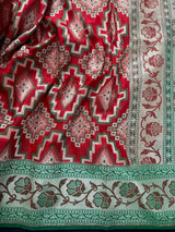 Red and Green Ikkat Design Banarasi Silk Weaved Saree with Paitani Style Borders with Meenakari | Banarasi Soft Handloom Silk Sarees - Kaash