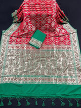 Red and Green Ikkat Design Banarasi Silk Weaved Saree with Paitani Style Borders with Meenakari | Banarasi Soft Handloom Silk Sarees - Kaash