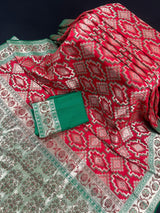 Red and Green Ikkat Design Banarasi Silk Weaved Saree with Paitani Style Borders with Meenakari | Banarasi Soft Handloom Silk Sarees - Kaash