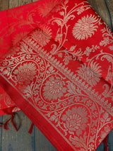 Red Banarasi Silk Floral dupatta in soft silk (non-pure) with floral jaal with muted gold zari — Kaash Collection